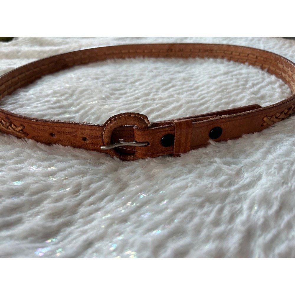 Vintage Tan Hand Tooled Leather Braided Western Belt Size 34 Basketweave Boho